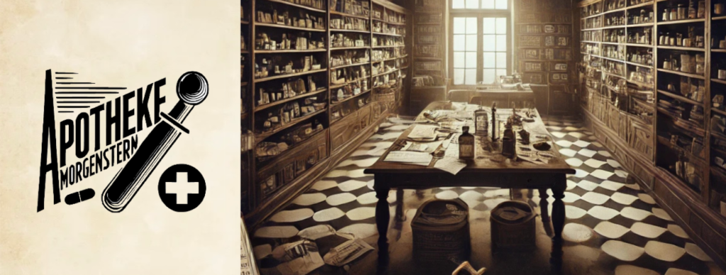 Illustration einer historischen Apotheke mit dem Logo „Apotheke Morgenstern“ auf der linken Seite. Das Logo zeigt eine stilisierte Pipette, ein Kreuzsymbol und eine Kapsel im Retro-Stil. Rechts im Bild ein altes Apothekeninterieur mit deckenhohen Holzregalen voller Arzneifläschchen und einem zentralen Holztisch, auf dem alte Medizinflaschen und Dokumente verteilt sind. Das Bild dient der Bewerbung eines Bildungsprojekts zum Thema Nationalsozialismus im Rahmen eines Escape Rooms in Kooperation mit Zum flinken Frettchen und dem Oldenburger Computermuseum.