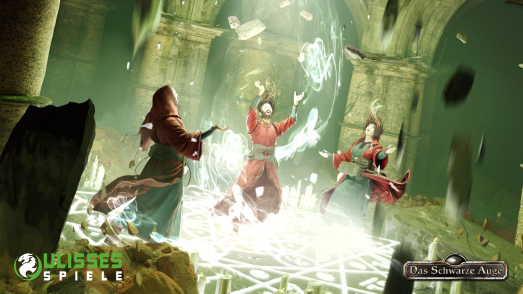 Drei Magier und Magierinnen in Roben beschwören in einem alten Tempel ein leuchtendes Zeitritual  – Titelbild des neuen Fantasy Escape Rooms „Splitter der Zeit“ in Oldenburg, inspiriert vom Rollenspiel "Das Schwarze Auge". Unten links bzw. unten rechts sind das Logo von "Ulisses Spiele" und "Das Schwarze Auge" zu sehen.