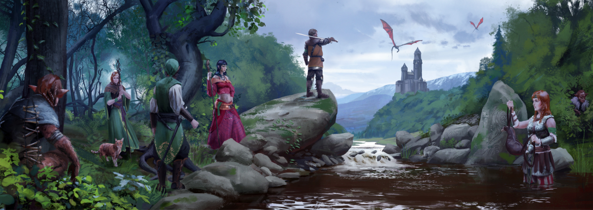 Heldengruppe in einer fantastischen Landschaft mit Fluss, Wäldern und Burg im Hintergrund – AbenteurerInnen aus Aventurien bereiten sich auf ihre Mission vor, während Drachen am Himmel kreisen. Episches Fantasy-Motiv passend zum Escape Room ‚Zum flinken Frettchen‘.