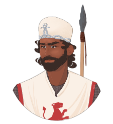 Fantasy-Krieger mit dunklem Bart, Speer und weißer Tunika mit rotem Löwenwappen – stolzer Held aus Aventurien, bereit für das nächste Abenteuer im Escape Room ‚Zum flinken Frettchen‘.