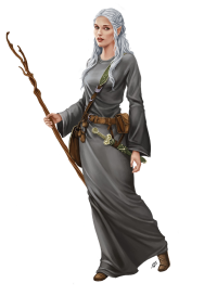 Fantasy-Magierin mit silbernem Haar und grauem Gewand hält einen geschnitzten Holzstab – magische Abenteurerin aus Aventurien in typischer Gewandung, bereit für ein neues Abenteuer im Escape Room ‚Zum flinken Frettchen‘.