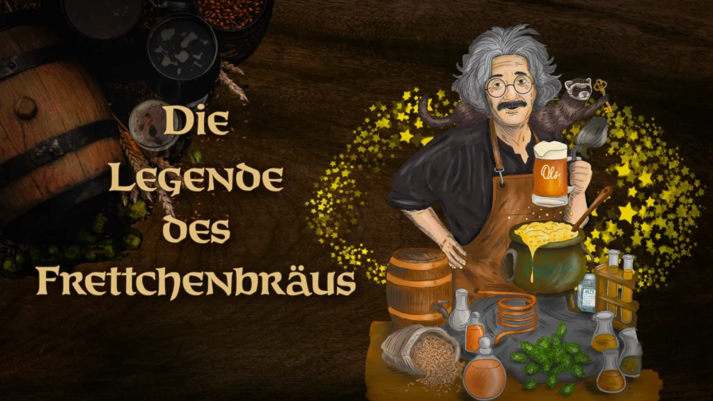 Titelbild_Frettchenbraeu Illustration zum Outdoor-Escape-Game ‚Die Legende des Frettchenbräus‘: Auf dunklem Holz-Hintergrund steht links der Titel in heller mittelalterlicher Schrift, daneben sind Holzfässer, Malz und dunkle Kaffeetassen oder Braugefäße zu sehen. Rechts steht ein älterer Braumeister mit grauen, wirren Haaren, Brille und Schnurrbart in brauner Lederschürze vor einem schäumenden Braukessel, umgeben von Flaschen, Reagenzgläsern, Hopfen und Brauzutaten. Er hält einen vollen Bierkrug mit dem Logo der Ols Brauerei in der Hand, während ein Frettchen mit einem goldenen Schlüssel auf seiner Schulter sitzt und auf den rätselhaften, magischen Charakter des Escape Games hinweist.